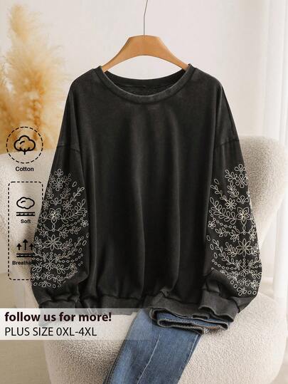 CosyJoli 大码休闲长袖刺绣雪花水洗宽松圆领套头衫