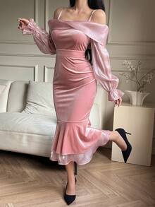 DAZY Đầm midi đuôi cá ôm sát bằng nhung phối nhiều mảnh dành cho nữ - Hồng - Xem 4