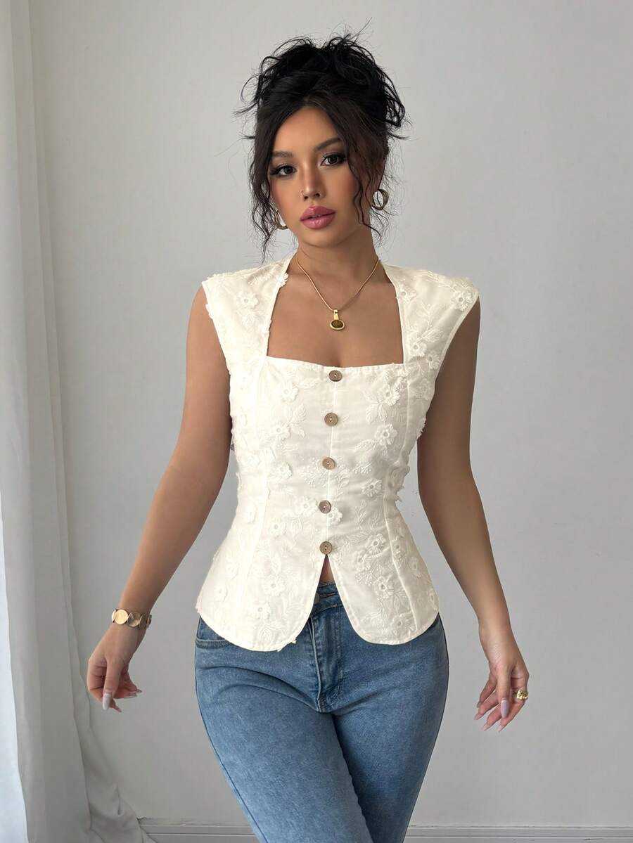 Elenzga 女士夏季外出、约会、海滩、度假、波西米亚风、西部风、婚礼、音乐节时尚优雅甜美法式迷人浪漫编织白色刺绣方领复古纽扣腰部设计常规衬衫 - 芥末黃 - 查看 1