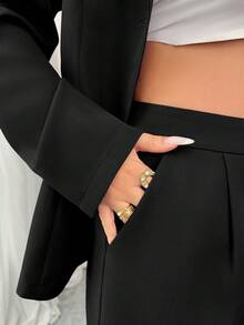 Vestido formal elegante y lujoso para mujer, conjunto de traje con chaqueta de manga larga y pantalón , con cuello de volantes de organza brillante y cinturón, adecuado para Halloween, Navidad, Año Nuevo, ceremonia de graduación, boda, juego de roles, traje de pantalón de color vino tinto y negro para mujer, conjunto de blazer, traje negro para mujer, conjunto de 2 piezas, elegante - Negro - Ver 5