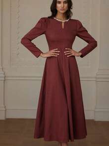 Chiquease Women's Keyhole Neck Fashionable Design Casual High-End Elegant Long Sleeve Solid Color Dress - Burgundy - View 5