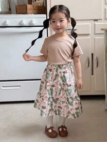 DAZY 2件套幼儿女童休闲圆领T恤和印花裙套装 - 藕粉色 - 查看 1