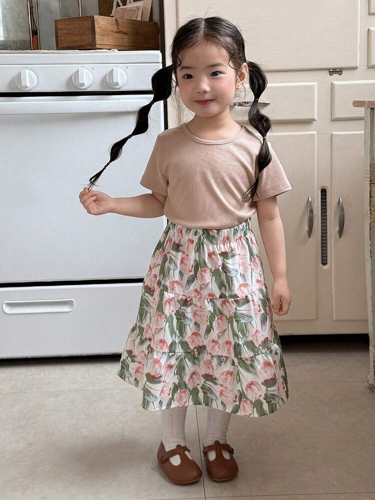 2pcs/Set Toddler Girls' Casual Round Neck T-Shirt & Floral Print Skirt Set