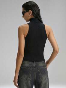 LYSMO Top din tricot fără mâneci, de culoare uni, pentru damă, cu gât roscat, primăvară/toamnă - Negru - Vizualizare 2