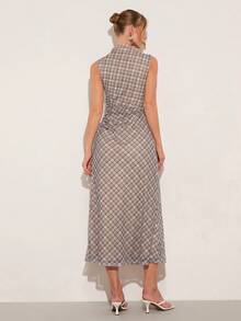 COSMINA 女士长款连衣裙、格子印花连衣裙、网纱连衣裙、优雅职业装、荷叶边连衣裙、约会连衣裙、日常穿着连衣裙、时尚连衣裙、无袖连衣裙 - 彩色 - 查看 4