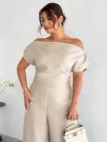 Firerie New Elegant Casual Commuter White Drop Shoulder Blouse & Wide Leg Pants Suit - Apricot - View 4