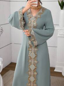 Al Najma 2025 New Olive Green V-Neck A-Line Dress, Fashion Lace Embroidery Patchwork Turkish Maxi Dress Kaftan Jalabiya Dress - Green - View 5