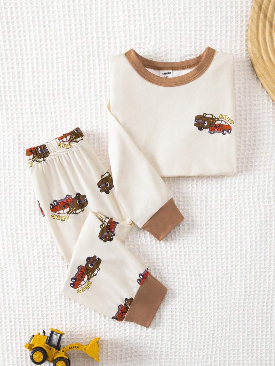 男婴针织圆领长袖上衣和裤子套装，常规版型，休闲时尚，汽车和英文印花睡衣家居服。