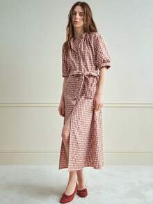 Écloséra French-Style Dress Elegant Dress Vintage Dress Stand-Collar Dress Short-Sleeve Dress Tie-Bow Dress Summer Dress Mid-Length Dress Casual Dress Spring Dress Elegant Dress Women's Casual Dress Women's Floral Dress Shirt Dress Placket Dress Checkered Dress Picnic Dress For Woman French Dresses For Women Gingham Dress Button Up Dress - Multicolor - View 4