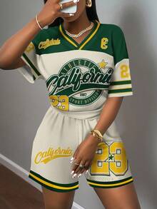 Slaydiva 2pcs/Set Plus Size Casual Minimalist Digital Print Sports Outfit, Suitable For Summer - Yellow - View 4