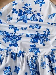 Sparklyn Teen GirlBlue Ruched Waist Layered Ruffle Hem Mini Dress, Vacation Style Holiday Outfit - Blue - View 4