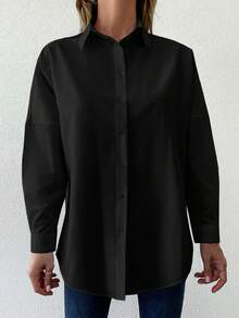 Cloudara Camisa unicolor de hombros caídos - Negro - Ver 3