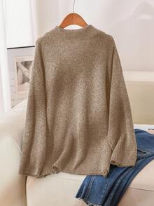 CosyJoli Plus Size Women's Fashion Casual Notched Neck Collared Pullover Sweater,Khaki,Autumn,Smart Casual,Everyday Lightweight Brown V-Neck Sweaters Tops - Khaki - View 2