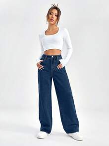 EURMUSE 100%Cotton High Waist Wide Leg Jeans - Royal Blue - View 4