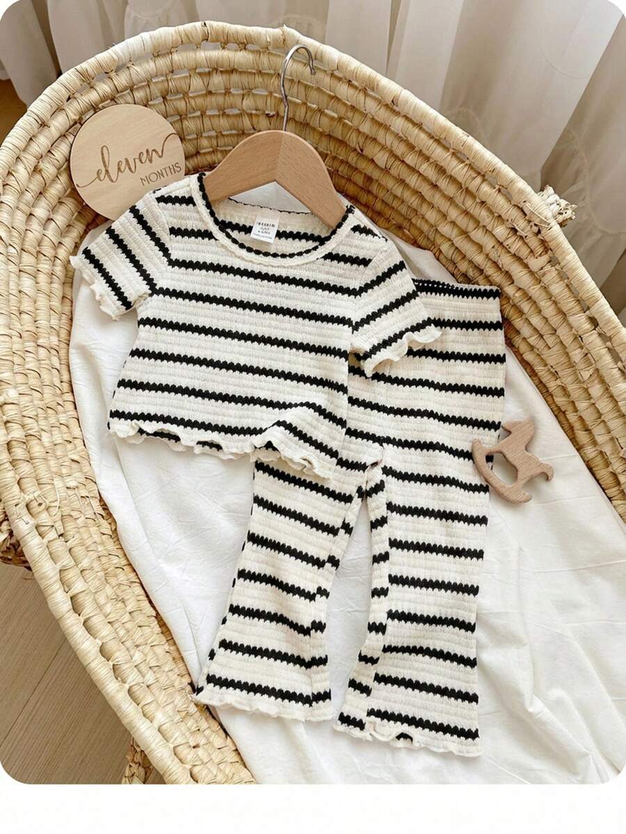 SHEIN 女婴可爱夏季休闲百搭针织彩色条纹短袖上衣和松紧腰裤套装 - 彩色 - 查看 1