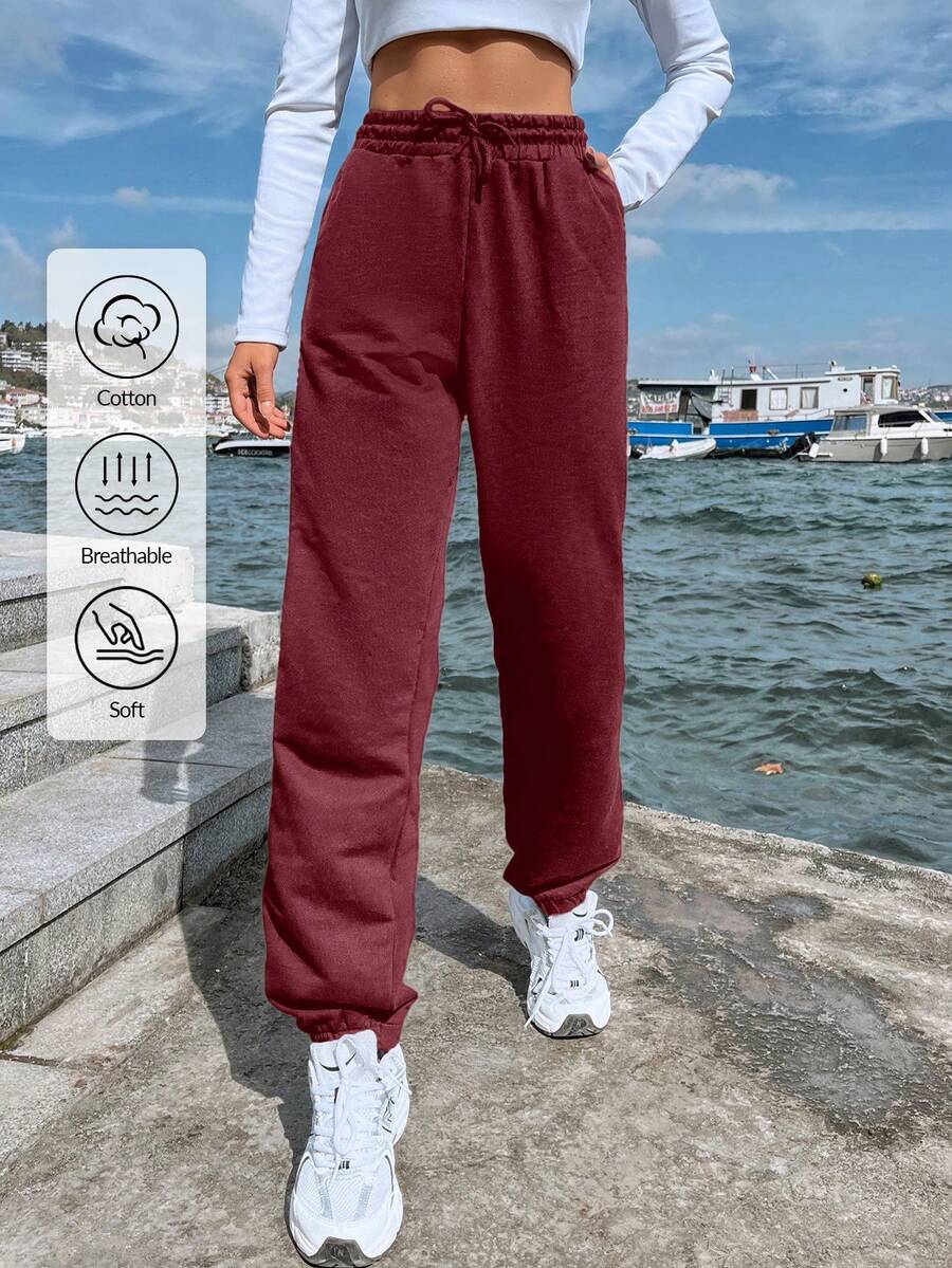EURMUSE Women's Casual Solid Color Drawstring Waist Side Pocket Sweatpants Gym Burgundy Summer