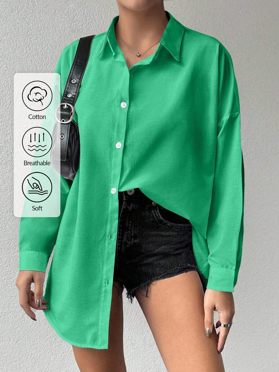 Camicia basic a maniche lunghe con spalle scoperte in cotone da donna, tinta unita - Menta Verde - Visualizzare 1