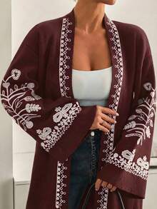 波西米亚风黑色针织和服，饰以白色刺绣滚边和系带腰带 – 长款开衫 - 棕色 - 查看 6