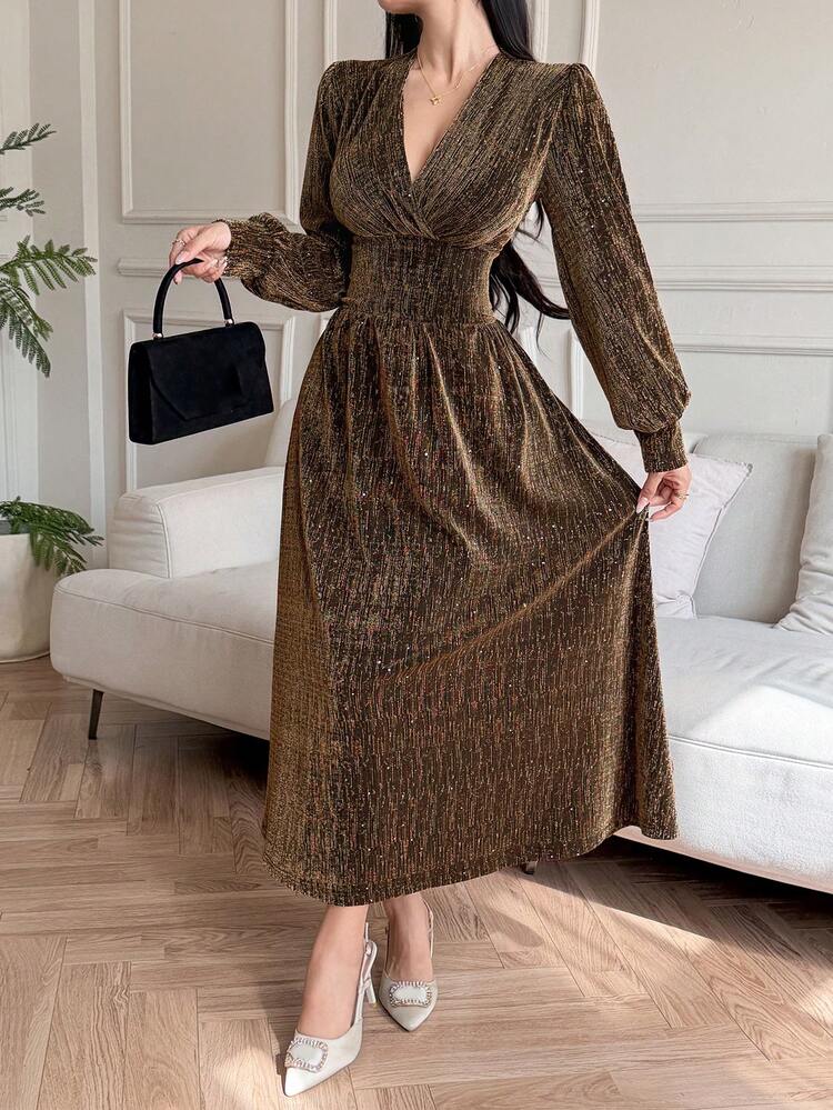 Women's V-Neck Ruched Waist Sequin Design Fitted Elegant Dress, Suitable For Banquet Maxi Dress Sundress