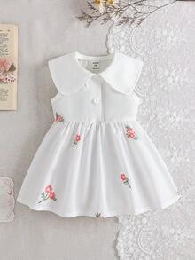 SHEIN 女婴休闲花卉刺绣无袖连衣裙，夏季 - 白色 - 查看 8
