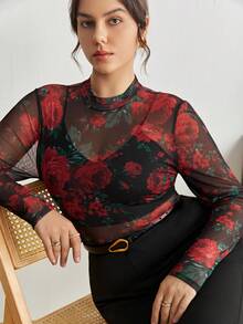 Maija Plus Size Women Rose Floral Sheer Blouse, Long Sleeve Fitted Top Spring To Summer Spring Outfit Womenvalentine's Day Carnival Fasching Women Costume Party Beach Wedding Vacation Casual - Red - View 5