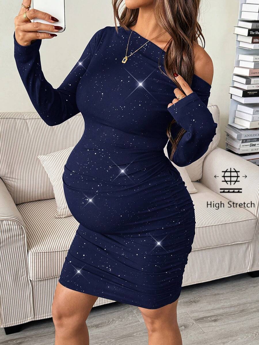 SHEIN 秋季孕妇休闲弹力不对称修身连衣裙 - 藏蓝色 - 查看 1