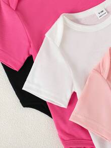 SHEIN Playful Pals Bộ 5 món áo liền thân cổ tròn màu trơn mềm mại và thoải mái cho bé gái, kiểu dáng thời trang thường ngày, dễ mặc vào/cởi ra, tay ngắn và quần short, thích hợp cho mùa xuân/hè. - Nhiều màu - Xem 6