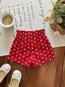 SHEIN LMoss Kids Baby Girl Frill Waist Bow Decor Asymmetric Hem Skort - Red - View 2