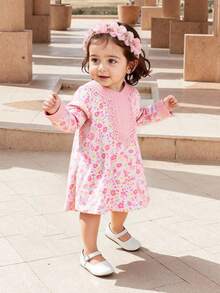 SHEIN Đầm dài tay cổ điển viền ren hoa cho bé gái, mùa thu - Hồng - Xem 3