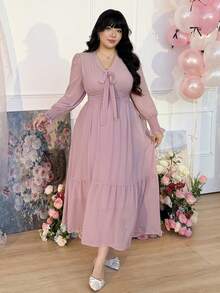 CovetEZ Đầm voan màu hồng lãng mạn cỡ lớn dành cho mùa xuân/hè, trang trí nơ, kèm chân váy cỡ lớn. - Hồng - Xem 5