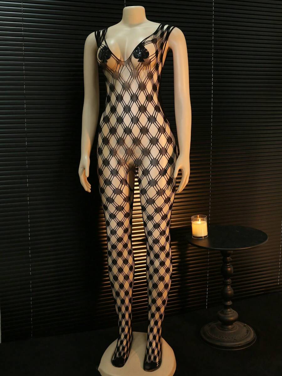 Sexy Lingerie Women Hollow Bodystocking Mesh Underwear Crotchless Fishnet Full Erotic Clothes Tights Bodysuit Off Shoulders Stockingsfor Club, Night Out, Dates, Shows, Wedding Night – Cheeky Stockings & Tights,Includes A Pair Of Leather Heart-Shaped Nipple Covers See Through Dress Long Lingerie Dress Fishnet Body Suit Fishnet Dress - Black - View 1