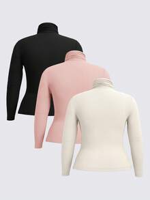 SHEIN BASICS 3pcs/Set Women's Casual Black Autumn Everyday Turtleneck Tops,Solid Color Knit Slim Fit Long Sleeve Multipack Plus Size T-Shirts Poloneck Regular Fit - Baby Pink - View 3