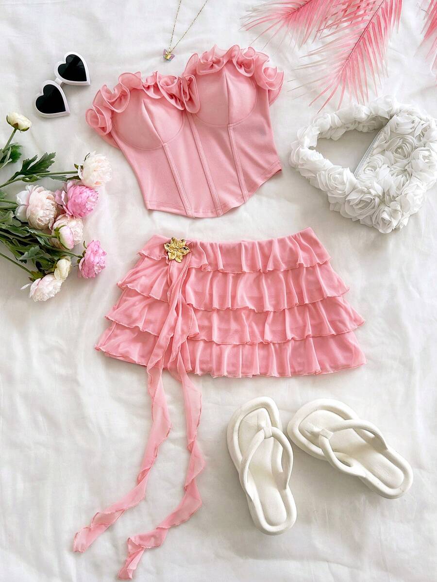 Soleia 春夏新款蕾丝抹胸露脐上衣搭配多层荷叶边半裙两件套，适合情人节、约会、波西米亚风、度假、秋季、复古、假日等场合。 - 淺粉色 - 查看 1