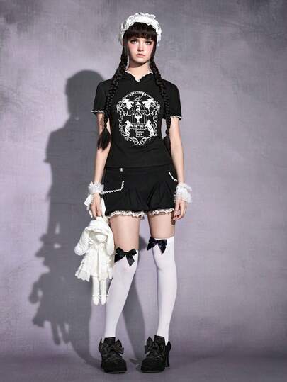 Goth sweat-shirt à capuche avec silhouette de fille, cage à oiseaux, ailes de chauve-souris, chat et vigne sombre, avec oreilles de chat. T-shirt moulant.