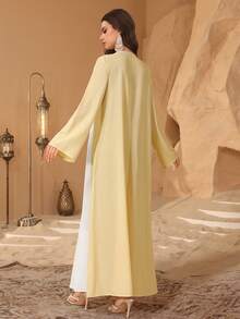 Al Najma Contrast Color Embroidered Applique V-Neck Elegant Long Sleeve Dress - Yellow - View 3