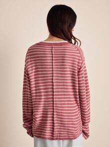 Easelle 复古休闲V领红白条纹撞色宽松针织女式毛衣 - 彩色 - 查看 2