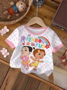 CoComelon X SHEIN Baby Girl Casual Everyday Commute Cartoon Rainbow Letter Polka Dot Print Short Sleeve Ringer Tee - White - View 1