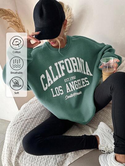 EURMUSE Cotton Letter Print Drop Shoulder Sweatshirt