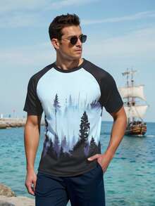 Manfinity Swimmode Men's Botanical Print Raglan Short Sleeve Rash Guard - Black - View 3