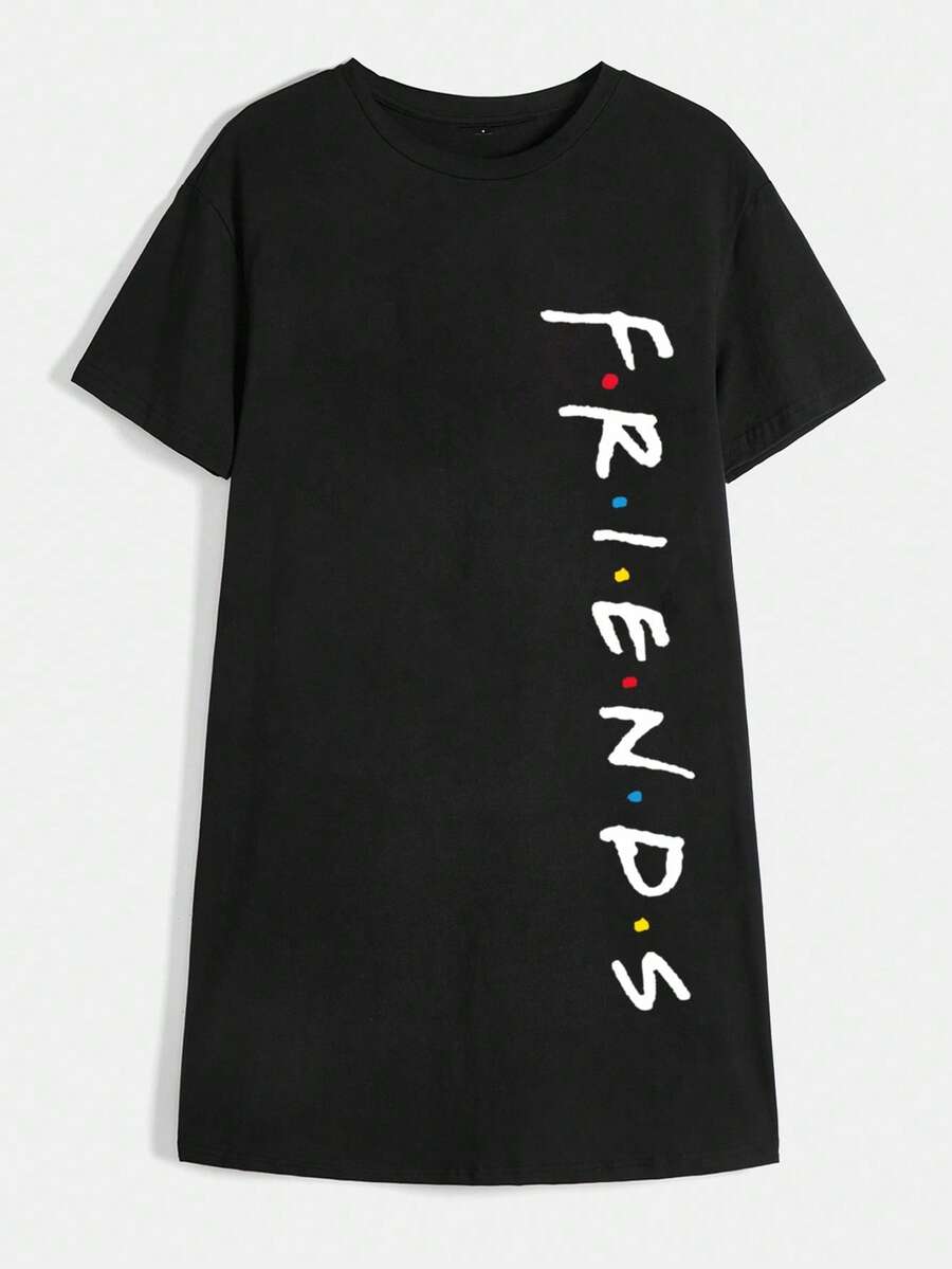 FRIENDS X SHEIN Robe d'été décontractée pour femmes, col rond avec motif graphique de lettres - Noir - Voir 1