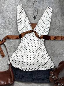 Glimmora Retro Y2K Stil Polka Dot Tiefer V-Ausschnitt Schnürung Taille Crop Top, sexy Satin Patchwork ärmelloses Top für Frauen - Verschiedenfarbig - Übersicht 5