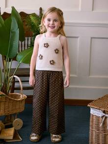 Blossori Vintage Floral Decor Knit Mesh Jacquard Young Girl' Cute Camisole In Light Khaki - Apricot - View 3