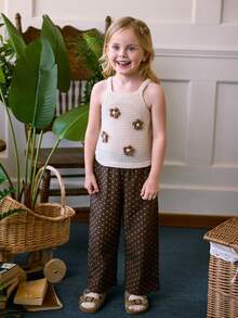 Blossori Vintage Floral Decor Knit Mesh Jacquard Young Girl' Cute Camisole In Light Khaki - Apricot - View 4