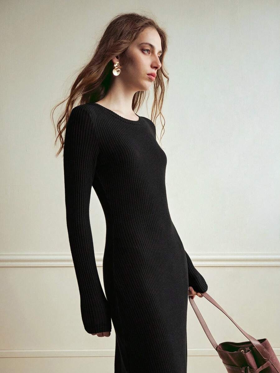 Franclia Striped Textured Elegant Round Neck Midi Dress For Women - Black - View 1