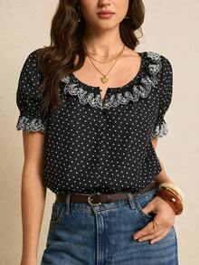 Poéselle 女士休闲衬衫，荷叶边下摆，泡泡袖 - 黑與白 - 查看 9