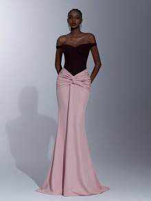 Elitara Elegant, Romantic, Fashionable, Minimalist Green, Sequin Fabric, Satin Patchwork, Fish Bone Decor, Shaped Sleeves, Fish Tail Hem, Trailing, Fashionable, Influencer, Holiday, Vacation, Birthday Party, Wedding Event, Formal Gala Dress - Green - View 7