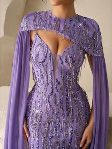 Coutiva A Luxurious And Elegant Full-Length Sequined Dress In Shiny Purple, With Spaghetti Straps, A Fitted Silhouette, A Zipper Closure And A Fishtail Hem, Along With A Large Sequined Chiffon Shawl. It Is Perfect For Parties, Weddings, Festivals And Spring. Luxury Dress Lilac Dress Elegant Gowns Glamorous Dress  Graduation Ceremony, School Opening, Music Festival, Birthday Party, Wedding, Afternoon Tea Gathering, Ball - Purple - View 4