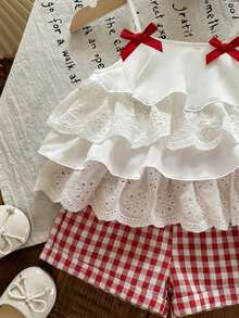 Babygirl Summer Cute Vacation Ruffle Camisole Top And Plaid Shorts Set