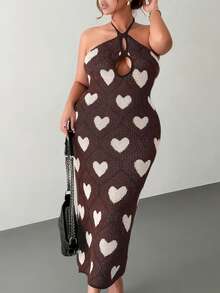 Roveilla Women's Casual Elegant Heart Pattern Sleeveless Hollow Out Backless Fitted Sweater Dress, Versatile For Daily Wear, Spring/Summer Sexy Curve Dress Knit Maxi Dress Hollow Out Dress Heart Dress Vacation Dresses Woman Curve Beach Dresses Curve Halter Neck Dress