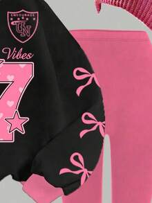 2 pezzi/set Felpa girocollo e leggings casual chic per ragazze pre-adolescenti, con grafica numerica 67 e fiocco, colori rosa e nero, maniche lunghe, abbigliamento comodo da strada, punk, stili caldi e accoglienti per l'autunno e l'inverno, vestiti in stile Y2K - Multicolore - Visualizzare 5